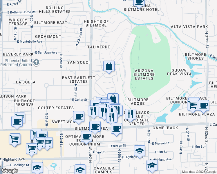 map of restaurants, bars, coffee shops, grocery stores, and more near 2554 East Georgia Avenue in Phoenix