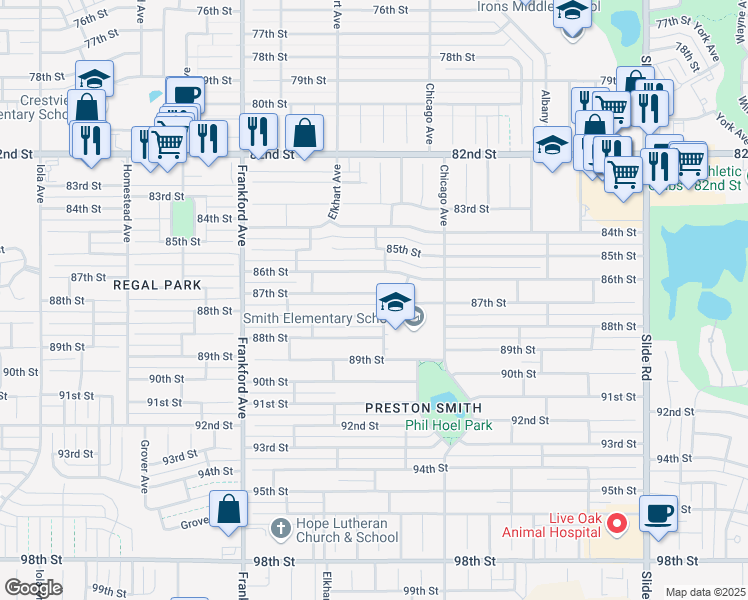 map of restaurants, bars, coffee shops, grocery stores, and more near 5603 87th Street in Lubbock