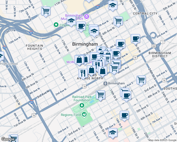map of restaurants, bars, coffee shops, grocery stores, and more near 226 18th Street North in Birmingham