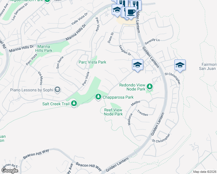map of restaurants, bars, coffee shops, grocery stores, and more near 15 Springbrook Road in Laguna Niguel