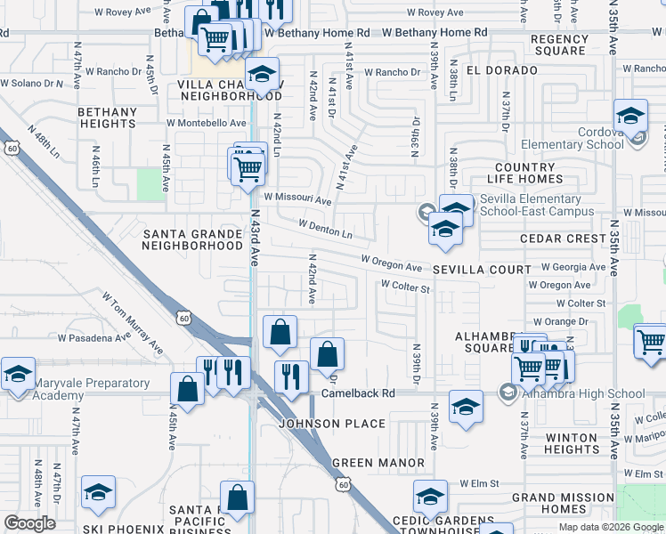 map of restaurants, bars, coffee shops, grocery stores, and more near 4122 West Colter Street in Phoenix