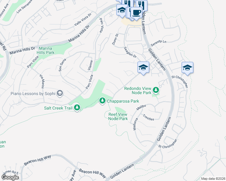 map of restaurants, bars, coffee shops, grocery stores, and more near 15 Springbrook Road in Laguna Niguel