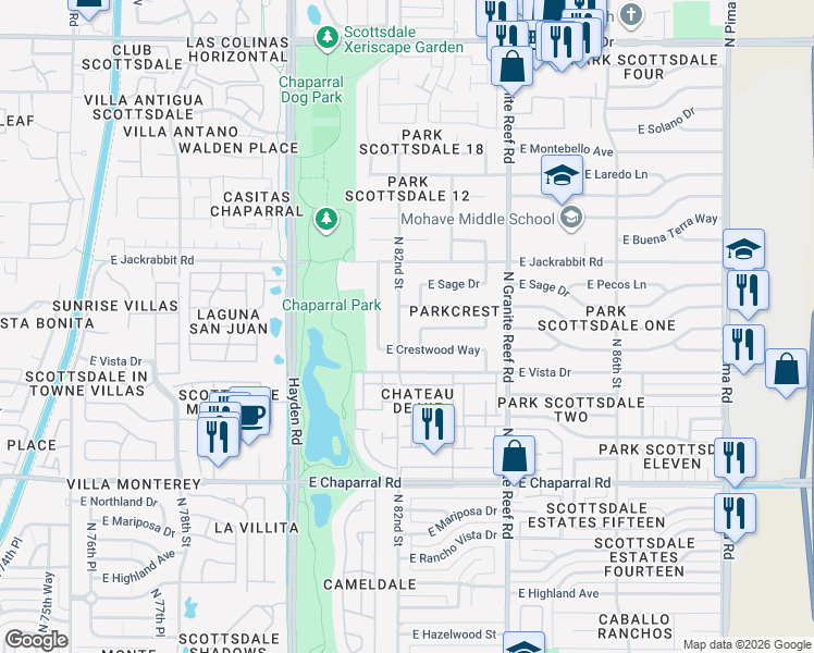 map of restaurants, bars, coffee shops, grocery stores, and more near 5319 North 82nd Street in Scottsdale