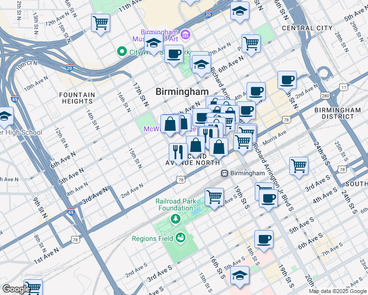map of restaurants, bars, coffee shops, grocery stores, and more near 226 18th Street North in Birmingham