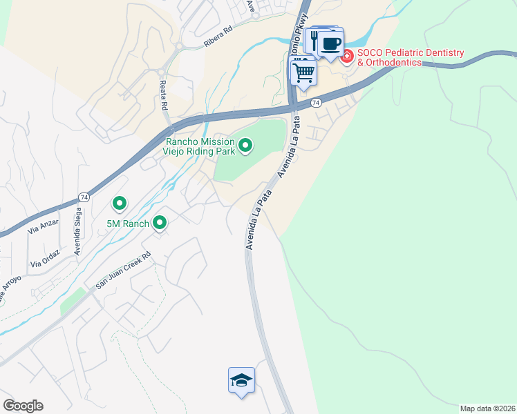 map of restaurants, bars, coffee shops, grocery stores, and more near 38 La Pata Avenue in San Juan Capistrano