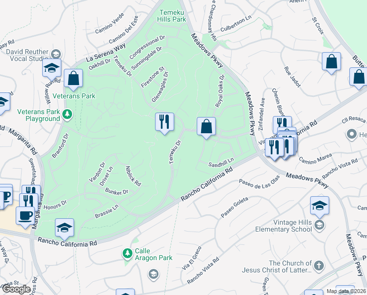 map of restaurants, bars, coffee shops, grocery stores, and more near 41734 Colonial Court in Temecula
