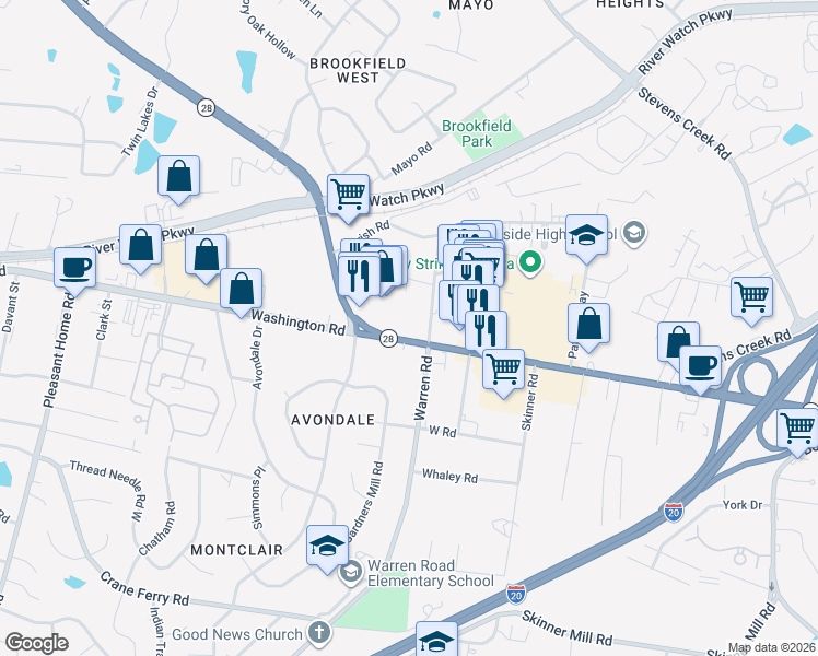 map of restaurants, bars, coffee shops, grocery stores, and more near 3131 Washington Road in Augusta