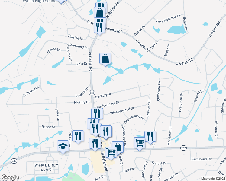 map of restaurants, bars, coffee shops, grocery stores, and more near 4429 Roxbury Drive in Evans