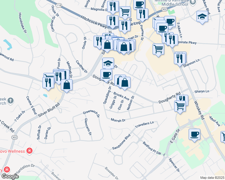 map of restaurants, bars, coffee shops, grocery stores, and more near 966 Brooks Avenue in Aiken