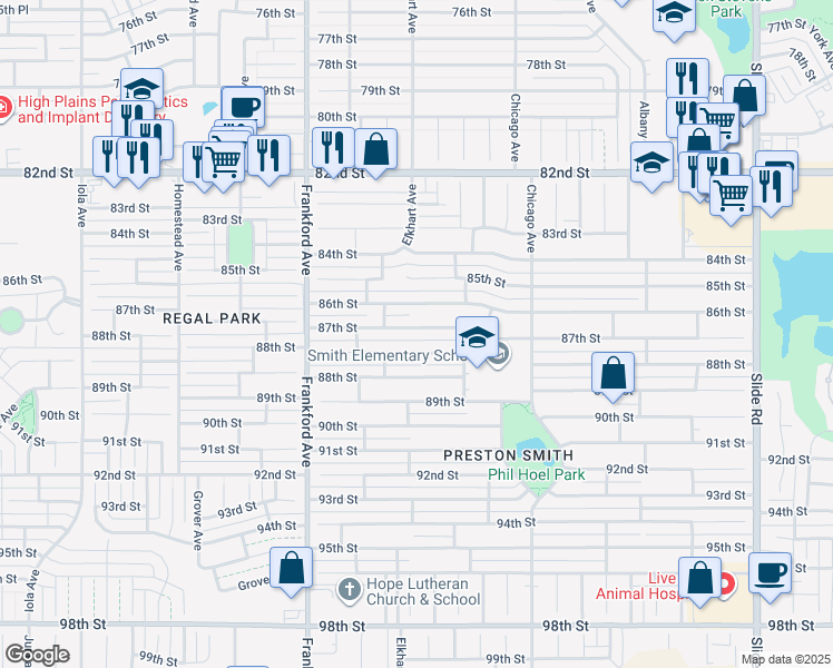 map of restaurants, bars, coffee shops, grocery stores, and more near 5617 87th Street in Lubbock