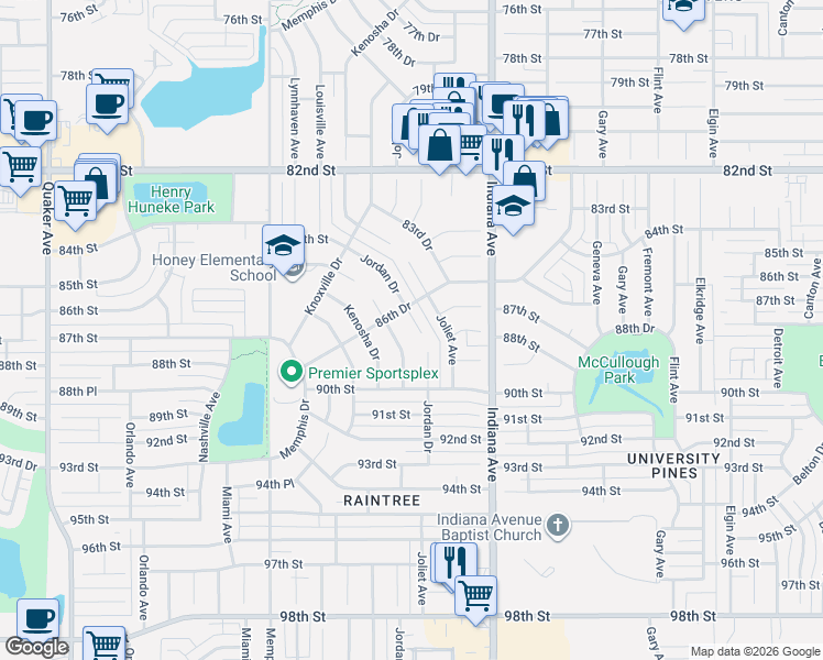 map of restaurants, bars, coffee shops, grocery stores, and more near 8608 Jordan Drive in Lubbock