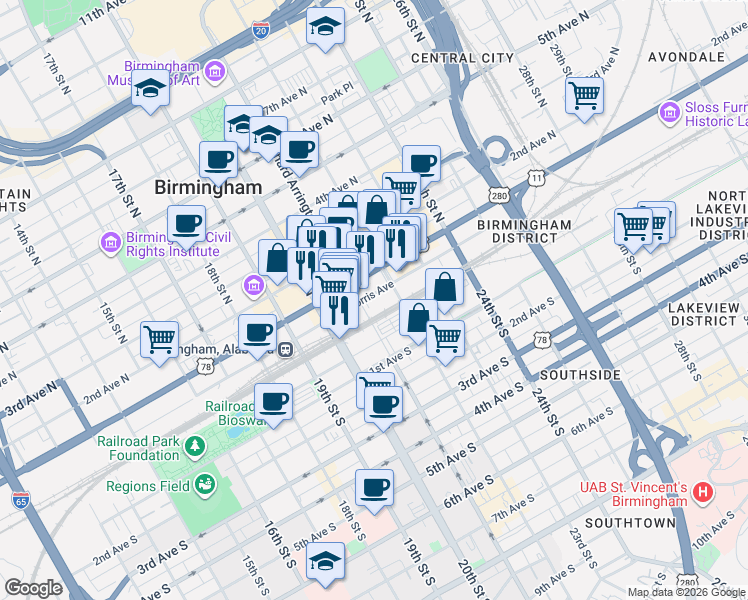 map of restaurants, bars, coffee shops, grocery stores, and more near 2117 Morris Avenue in Birmingham