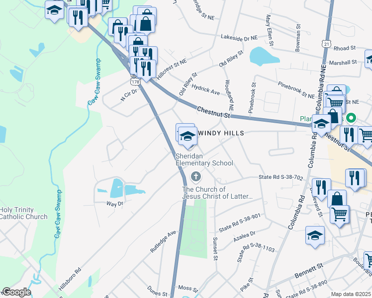 map of restaurants, bars, coffee shops, grocery stores, and more near 1139 Hillsboro Road in Orangeburg