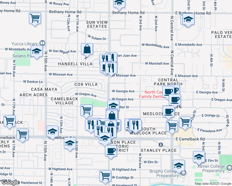 map of restaurants, bars, coffee shops, grocery stores, and more near 527 West Georgia Avenue in Phoenix