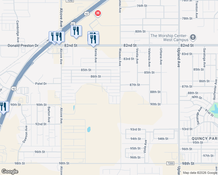 map of restaurants, bars, coffee shops, grocery stores, and more near 87th Street in Lubbock