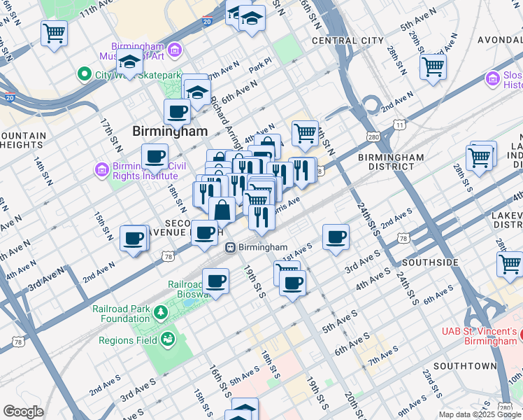 map of restaurants, bars, coffee shops, grocery stores, and more near 2015 1st Avenue North in Birmingham