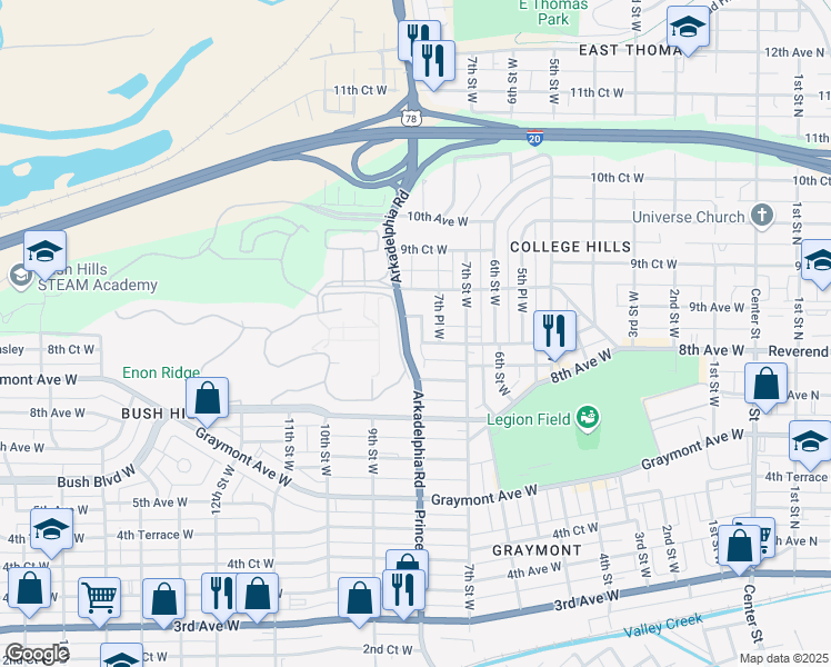 map of restaurants, bars, coffee shops, grocery stores, and more near 864 8th Street West in Birmingham