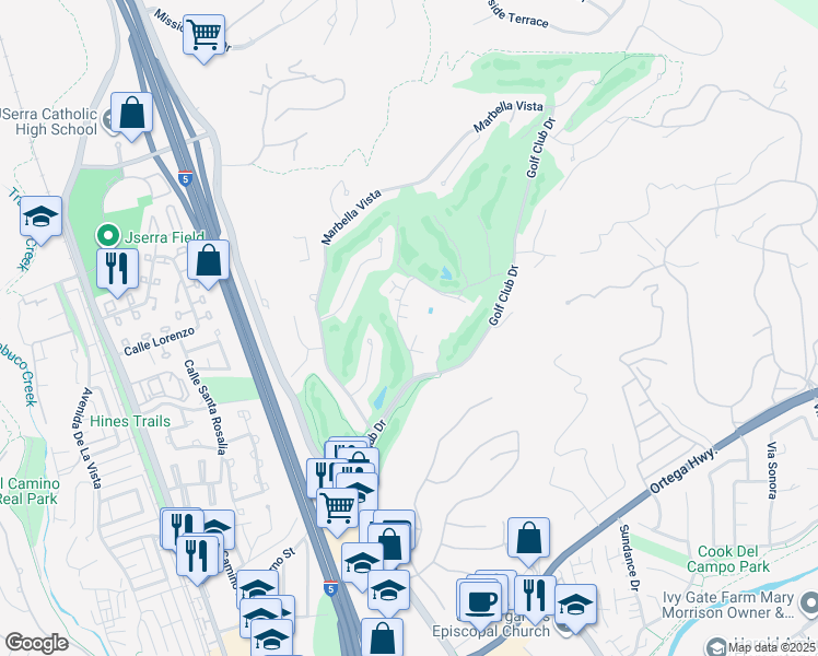 map of restaurants, bars, coffee shops, grocery stores, and more near 90 Plaza De Las Flores in San Juan Capistrano