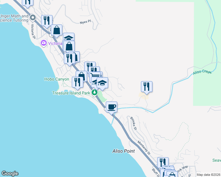map of restaurants, bars, coffee shops, grocery stores, and more near 30871 Driftwood Drive in Laguna Beach