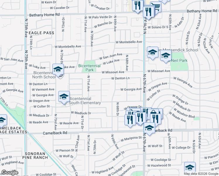 map of restaurants, bars, coffee shops, grocery stores, and more near 6934 West Georgia Avenue in Glendale
