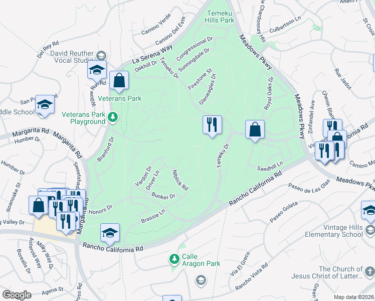 map of restaurants, bars, coffee shops, grocery stores, and more near 41713 Niblick Road in Temecula