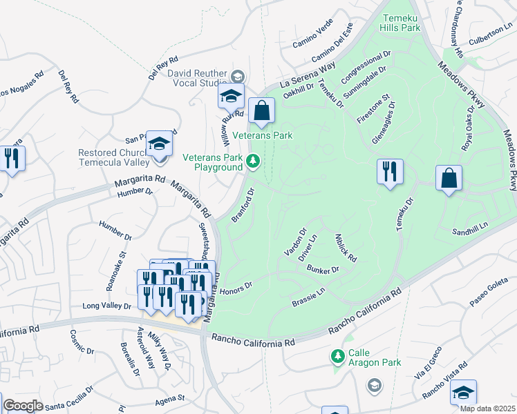 map of restaurants, bars, coffee shops, grocery stores, and more near 30919 Medinah Way in Temecula