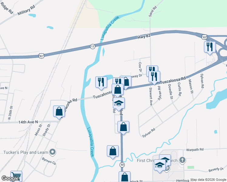 map of restaurants, bars, coffee shops, grocery stores, and more near 192 Tuscaloosa Road in Columbus