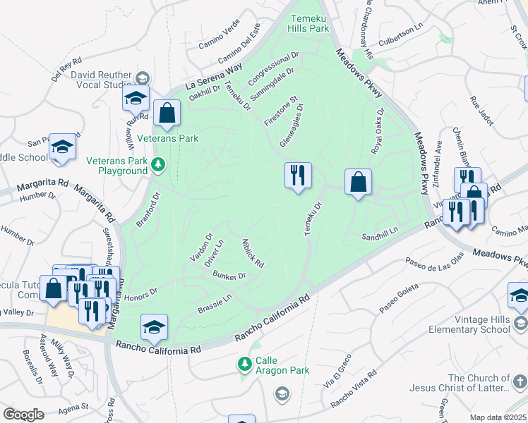 map of restaurants, bars, coffee shops, grocery stores, and more near 41713 Niblick Road in Temecula