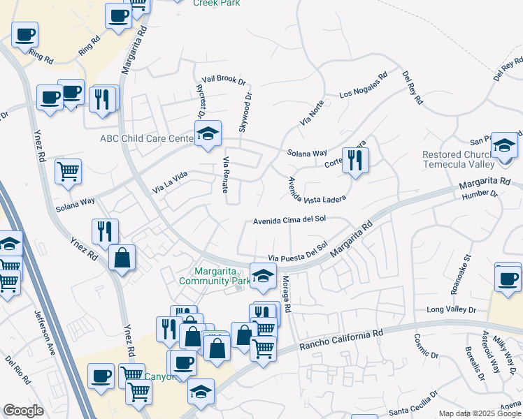 map of restaurants, bars, coffee shops, grocery stores, and more near 42092 Dahlia Way in Temecula