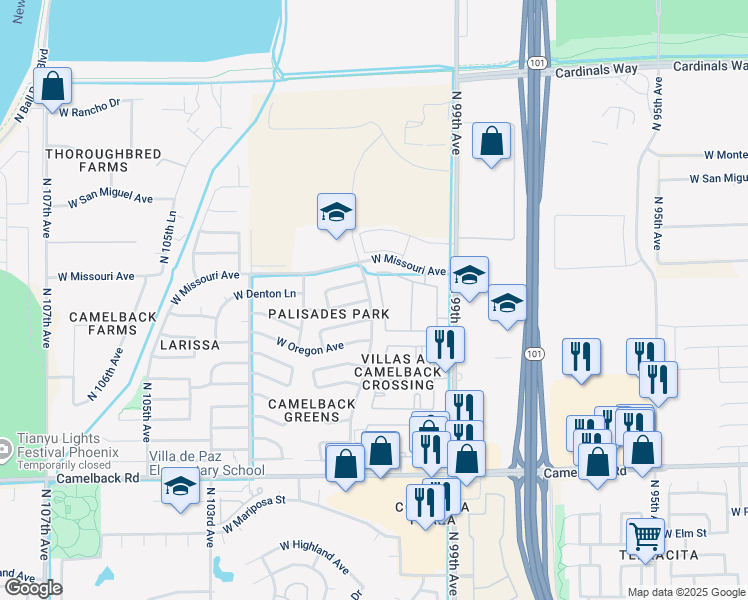 map of restaurants, bars, coffee shops, grocery stores, and more near 10336 North 101st Avenue in Glendale