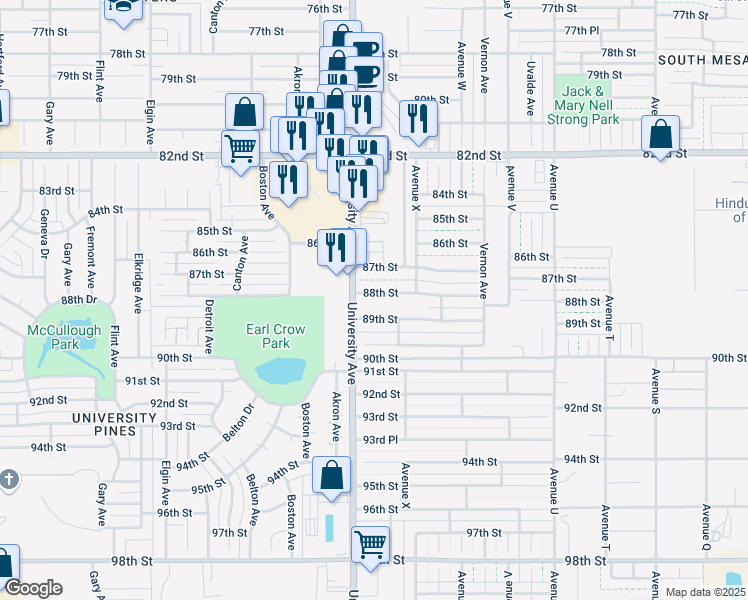 map of restaurants, bars, coffee shops, grocery stores, and more near 2421 88th Street in Lubbock