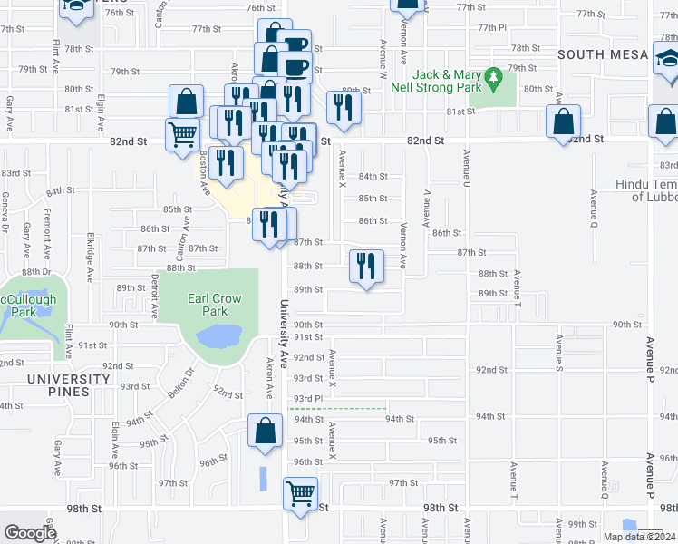 map of restaurants, bars, coffee shops, grocery stores, and more near 2311 88th Street in Lubbock