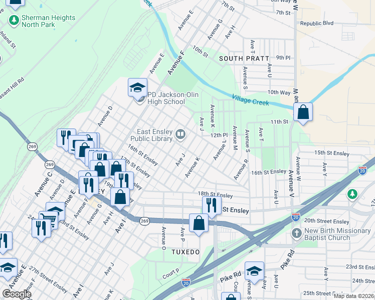 map of restaurants, bars, coffee shops, grocery stores, and more near 1401 Ave J in Birmingham