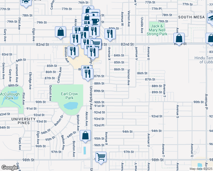 map of restaurants, bars, coffee shops, grocery stores, and more near 2403 88th Street in Lubbock