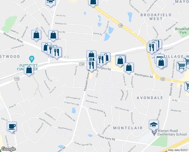 map of restaurants, bars, coffee shops, grocery stores, and more near 113 Clark Street in Augusta