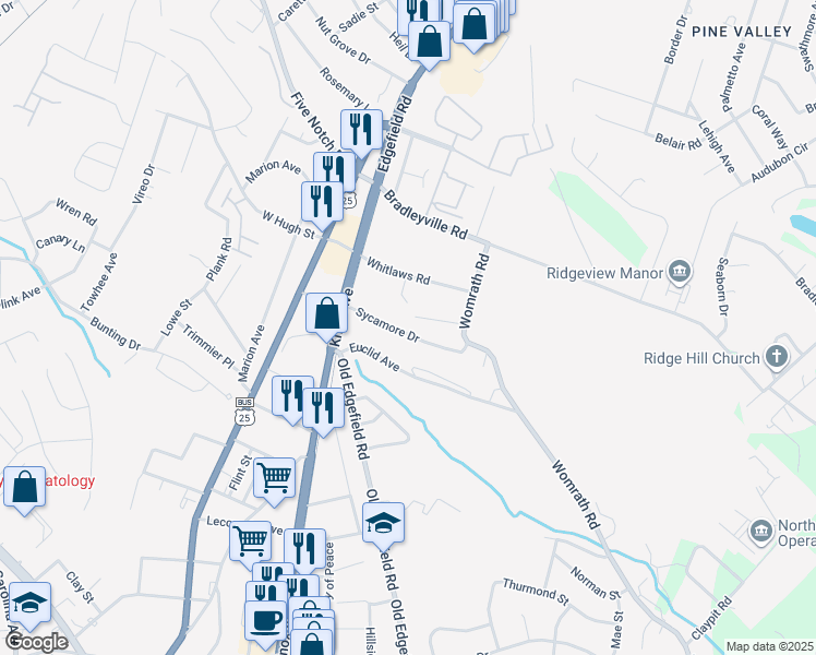map of restaurants, bars, coffee shops, grocery stores, and more near 314 Sycamore Drive in North Augusta