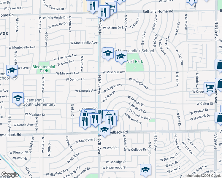 map of restaurants, bars, coffee shops, grocery stores, and more near 6601 West Oregon Avenue in Glendale