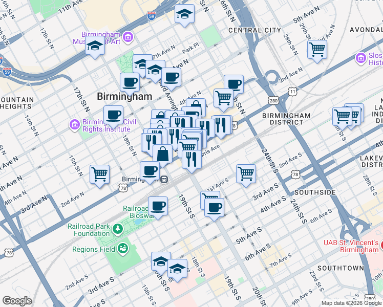 map of restaurants, bars, coffee shops, grocery stores, and more near 2013 1st Avenue North in Birmingham