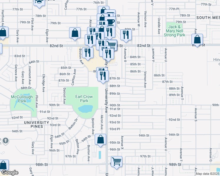 map of restaurants, bars, coffee shops, grocery stores, and more near 2421 88th Street in Lubbock