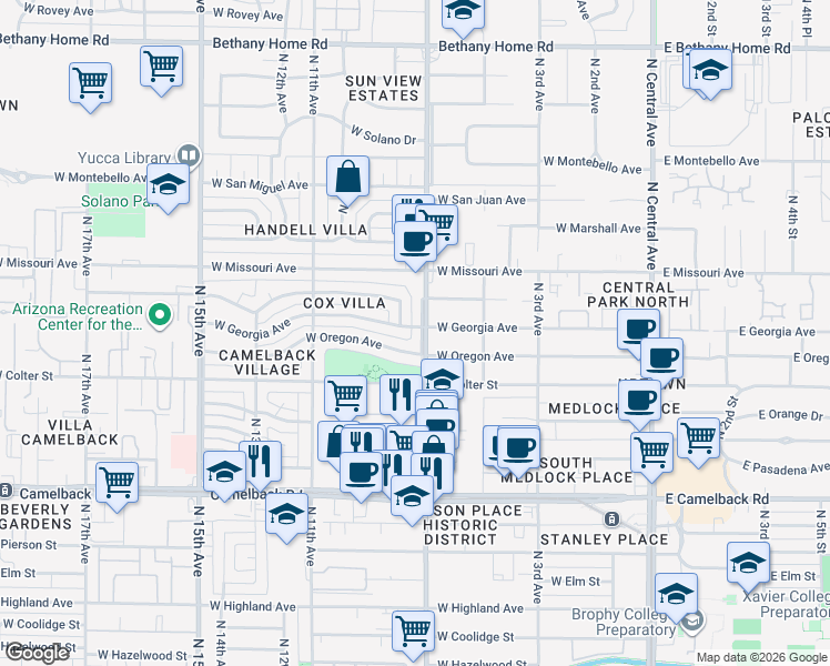 map of restaurants, bars, coffee shops, grocery stores, and more near 711 West Georgia Avenue in Phoenix