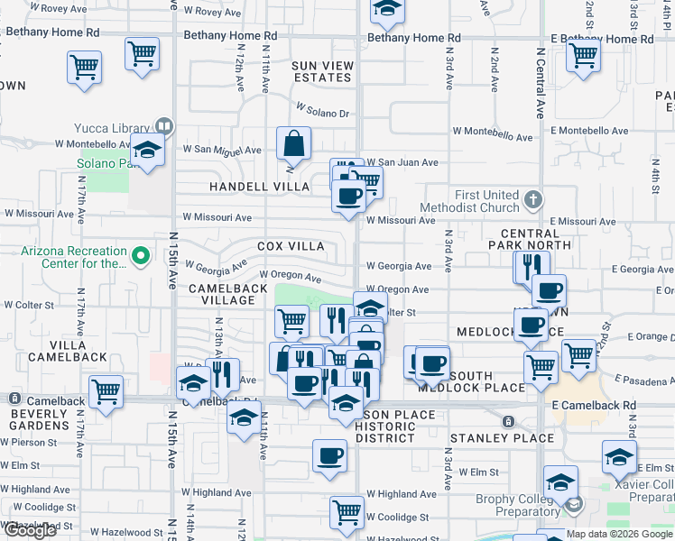 map of restaurants, bars, coffee shops, grocery stores, and more near 711 West Georgia Avenue in Phoenix