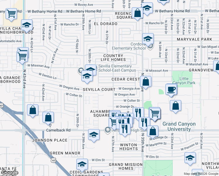 map of restaurants, bars, coffee shops, grocery stores, and more near 3645 West Georgia Avenue in Phoenix