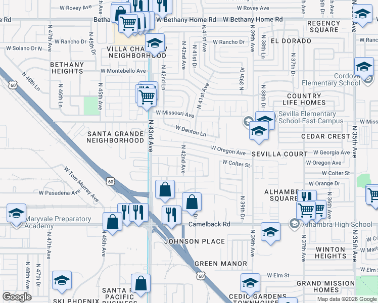map of restaurants, bars, coffee shops, grocery stores, and more near 5257 North 42nd Lane in Phoenix