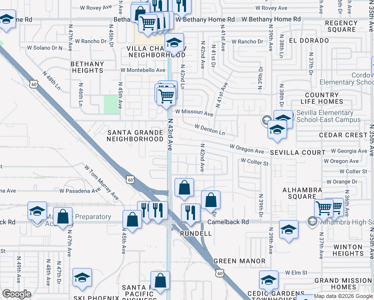 map of restaurants, bars, coffee shops, grocery stores, and more near 5235 North 43rd Avenue in Phoenix
