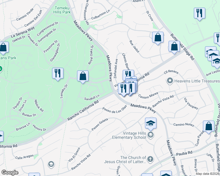 map of restaurants, bars, coffee shops, grocery stores, and more near 31769 Vineyard Avenue in Temecula