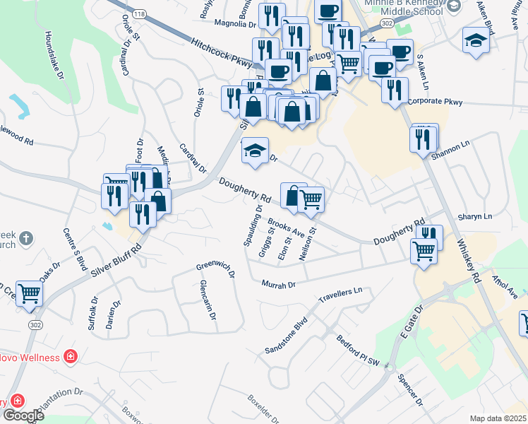 map of restaurants, bars, coffee shops, grocery stores, and more near 966 Brooks Avenue in Aiken