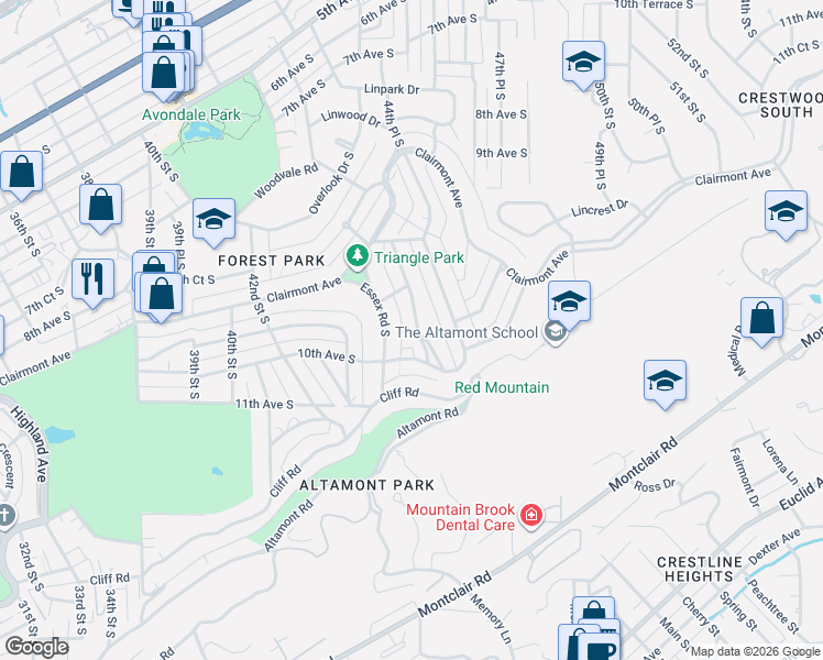 map of restaurants, bars, coffee shops, grocery stores, and more near 921 Essex Road in Birmingham