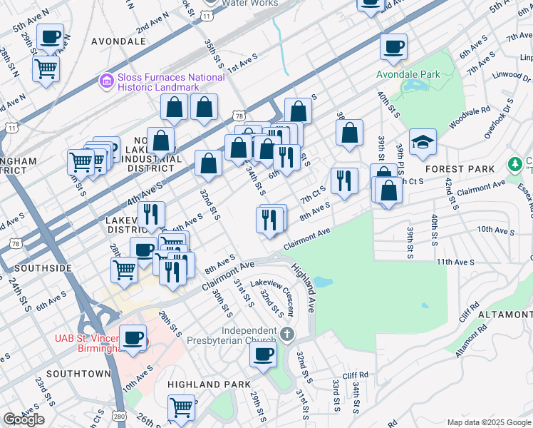 map of restaurants, bars, coffee shops, grocery stores, and more near 634 34th Street South in Birmingham