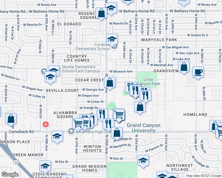 map of restaurants, bars, coffee shops, grocery stores, and more near 5255 North 35th Avenue in Phoenix