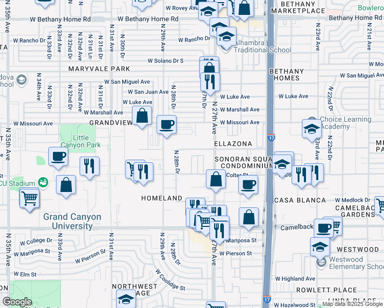 map of restaurants, bars, coffee shops, grocery stores, and more near 2745 West Georgia Avenue in Phoenix